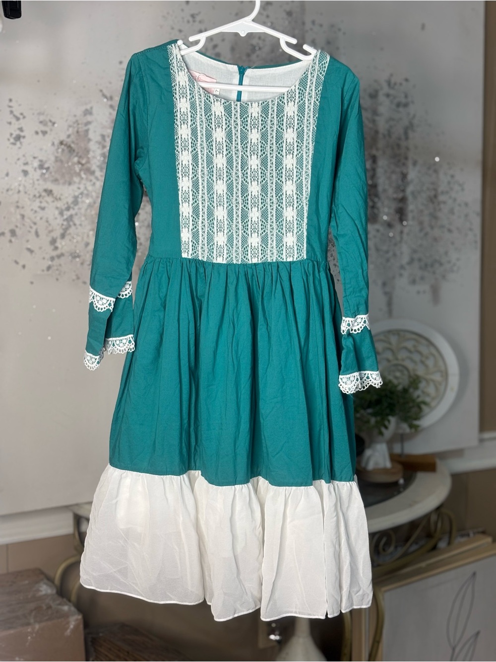 Think Pink Bows Teal Lace & Tiered Twirl Dress Boho Boutique Size 7
